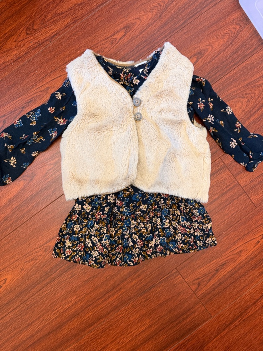 Zara BabyGirl Cream Fuzzy Vest with Navy Floral Dress Set